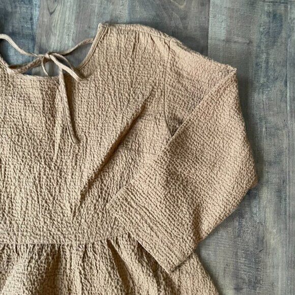 Madewell Brown Crinkled Peplum Blouse XS Long Sleeve Textured Tie-Back Top - Picture 4 of 9